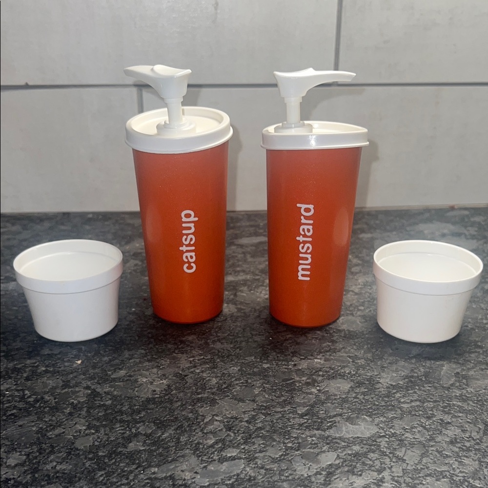 Tupperware Ketchup & Mustard Condiment Pump Bottles with White Lids and Cups